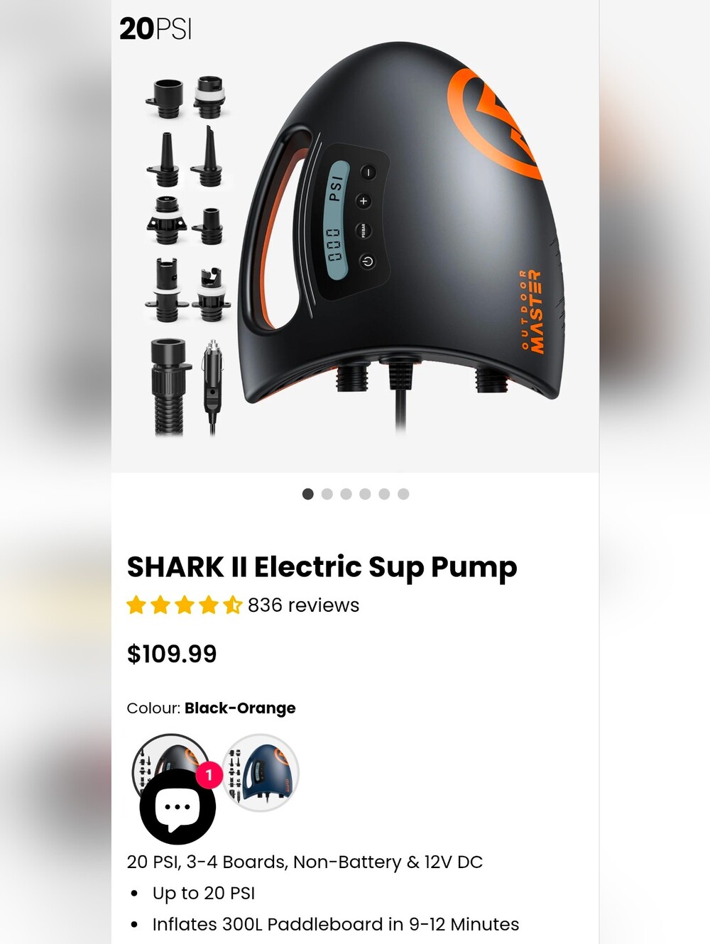Outdoor Master OP20 "The Shark" 12V 20PSI SUP Pump - Black/Orange